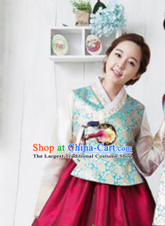 Korean Traditional Bride Hanbok Blue Satin Blouse and Wine Red Dress Garment Asian Korea Fashion Costume for Women