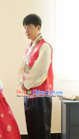 Korean Traditional Pink Vest and Black Pants Hanbok Asian Korea Bridegroom Fashion Costume for Men