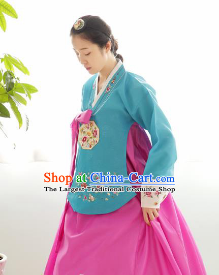 Korean Traditional Wedding Bride Hanbok Blue Blouse and Rosy Dress Garment Asian Korea Fashion Costume for Women