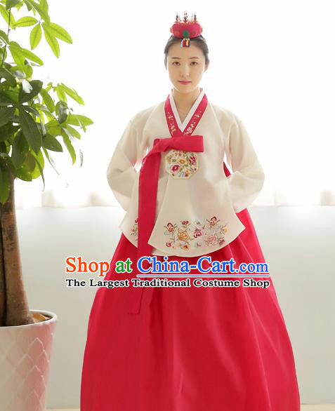 Korean Traditional Wedding Bride Hanbok White Blouse and Pink Dress Garment Asian Korea Fashion Costume for Women