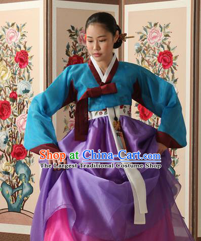 Korean Traditional Court Queen Hanbok Blue Blouse and Purple Dress Garment Asian Korea Fashion Costume for Women