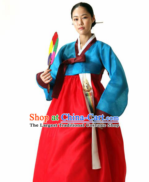 Korean Traditional Court Hanbok Blue Blouse and Red Dress Garment Asian Korea Fashion Costume for Women