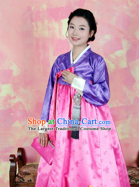 Korean Traditional Mother Hanbok Purple Blouse and Pink Dress Garment Asian Korea Fashion Costume for Women