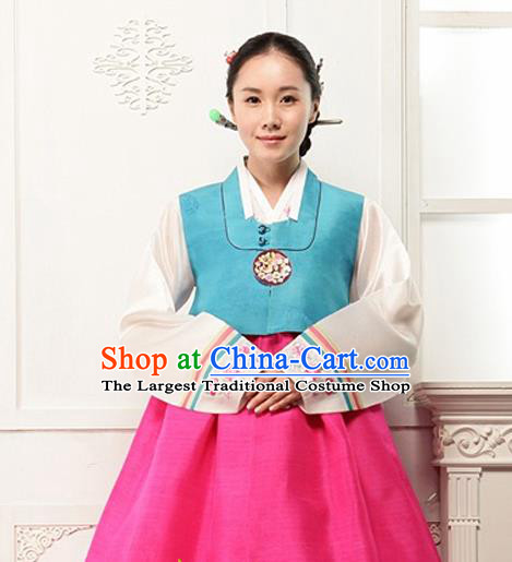 Korean Traditional Court Hanbok Blue Vest Blouse and Pink Dress Garment Asian Korea Fashion Costume for Women
