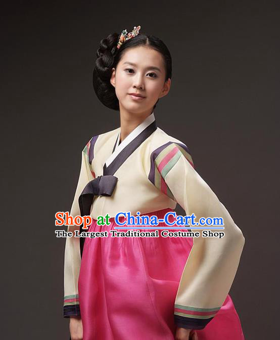 Korean Traditional Court Hanbok Beige Blouse and Pink Dress Garment Asian Korea Fashion Costume for Women