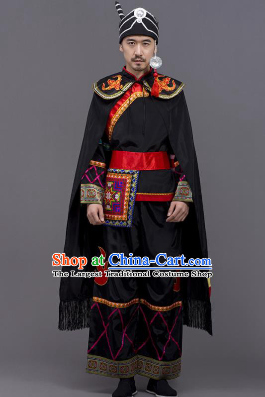 Chinese Traditional Yi Nationality Wedding Black Garment Ethnic Folk Dance Costume for Men