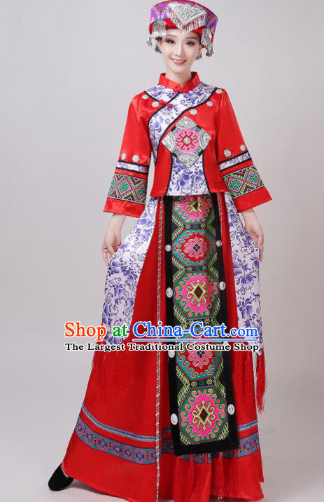 Chinese Traditional Tujia Nationality Red Dress Yi Ethnic Folk Dance Costume for Women