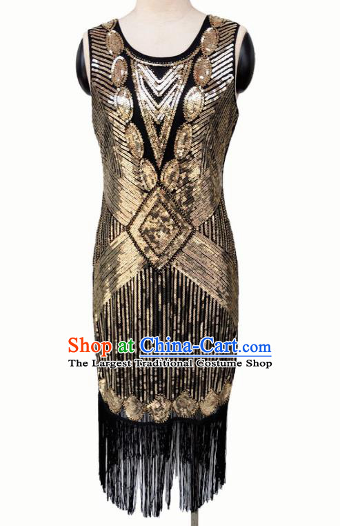 Top Professional Latin Dance Golden Sequins Tassel Short Dress Modern Dance Stage Performance Costume for Women