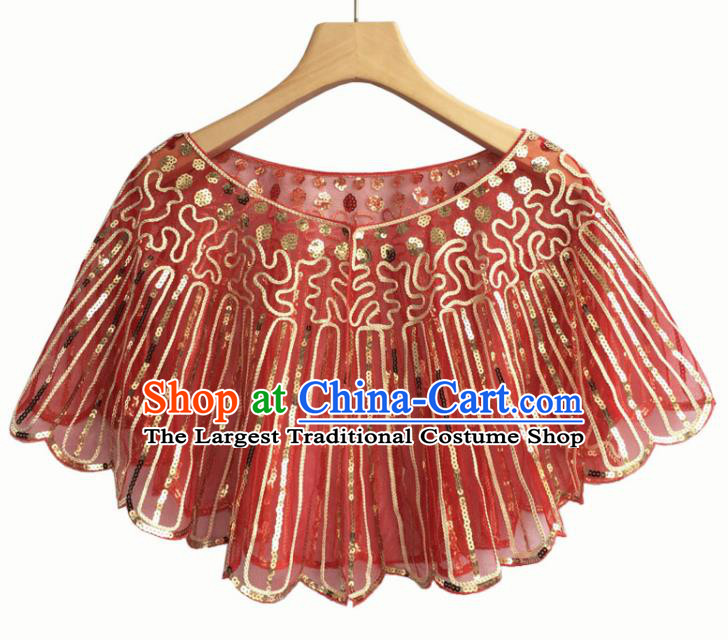 Top Professional Latin Dance Sequins Red Cloak Modern Dance Blouse Stage Performance Costume for Women