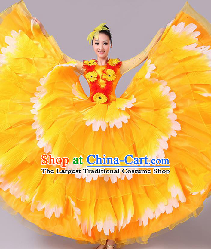 Chinese Traditional Peony Dance Fan Dance Orange Dress Classical Dance Stage Performance Costume for Women