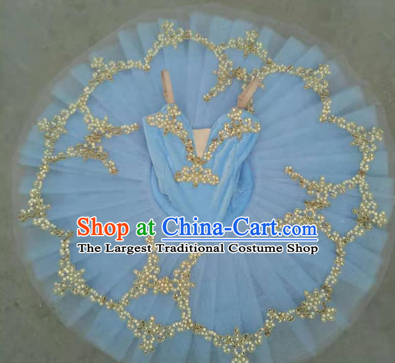 Professional Ballet Dance Tutu Sequins Blue Short Dress Modern Dance Ballerina Stage Performance Costume for Kids