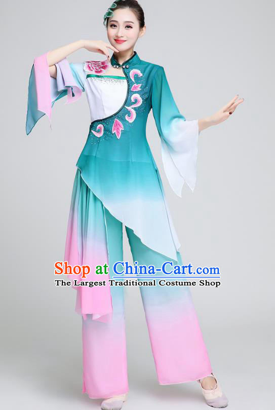Chinese Traditional Classical Dance Fan Dance Green Outfits Umbrella Dance Stage Performance Costume for Women