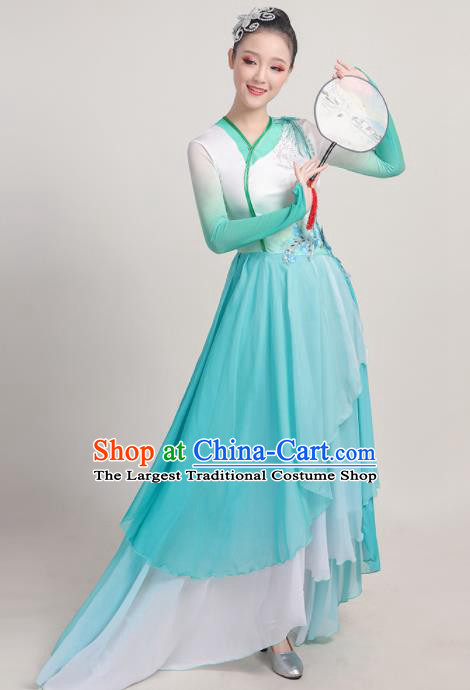 Chinese Traditional Umbrella Dance Fan Dance Green Dress Classical Dance Stage Performance Costume for Women