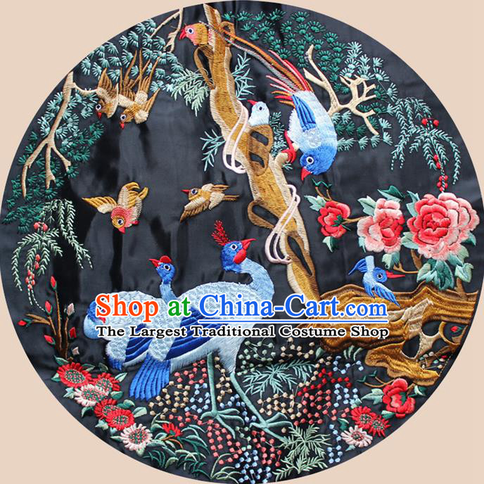 Chinese Traditional Embroidered Peacock Peony Black Round Patch Embroidery Craft Embroidering Accessories