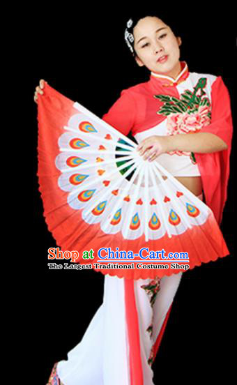 Traditional Chinese Folk Dance Red Ribbon Mulan Fan Stage Performance Yangko Dance Silk Folding Fan