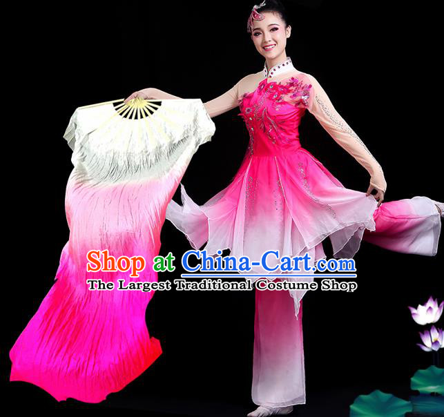 Traditional Chinese Folk Dance Rosy Silk Fan Stage Performance Yangko Dance Ribbon Folding Fan