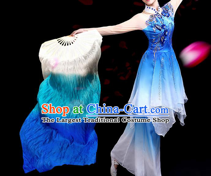 Traditional Chinese Folk Dance Blue Silk Fan Stage Performance Yangko Dance Ribbon Folding Fan