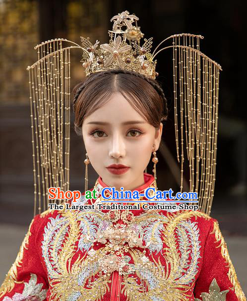 Chinese Traditional Ancient Wedding Bride Golden Phoenix Coronet Hair Accessories for Women