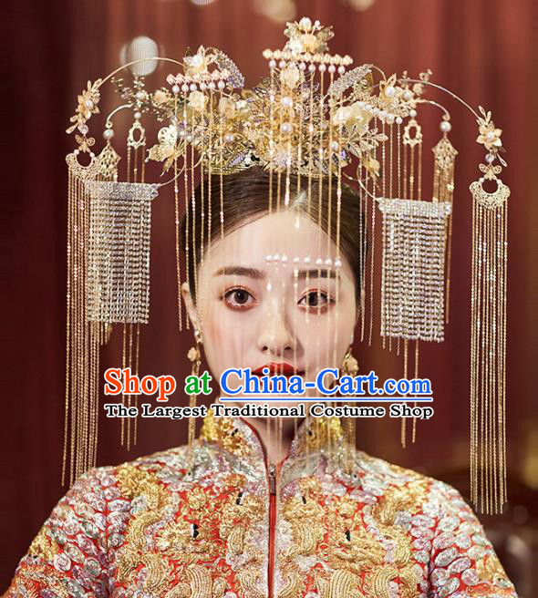 Chinese Traditional Ancient Bride Golden Beads Tassel Phoenix Coronet Wedding Hair Accessories for Women