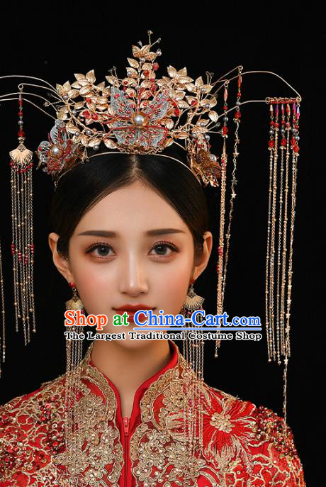 Chinese Ancient Blue Butterfly Phoenix Coronet Hairpins Bride Headdress Traditional Wedding Hair Accessories for Women