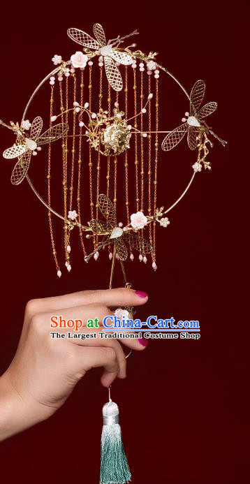 Chinese Traditional Golden Dragonfly Palace Fans Handmade Classical Hanfu Wedding Fan for Women