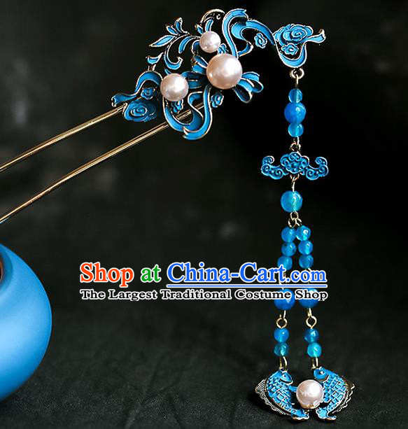Chinese Ancient Hanfu Blue Fishes Tassel Hairpin Traditional Bride Hair Accessories for Women