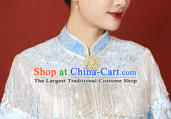 Chinese Ancient Wedding Bride Tassel Blue Shoulder Accessories Traditional Xiuhe Suit Cappa for Women