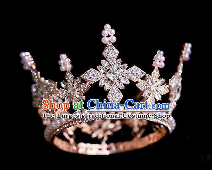 Top Grade Baroque Princess Champagne Crystal Round Royal Crown Wedding Queen Hair Accessories for Women