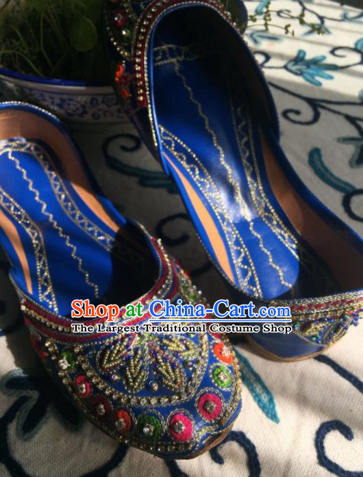 Asian India Traditional Bride Embroidered Leaf Royalblue Leather Shoes Indian Handmade Shoes for Women