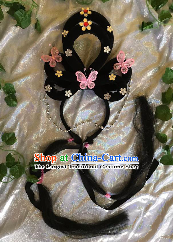 Traditional Chinese Opera Goddess Wig and Light Pink Butterfly Hairpins Headdress Peking Opera Diva Hair Accessories for Women