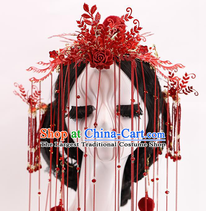 Traditional Chinese Wedding Red Phoenix Coronet Hairpins Headdress Ancient Bride Hair Accessories for Women