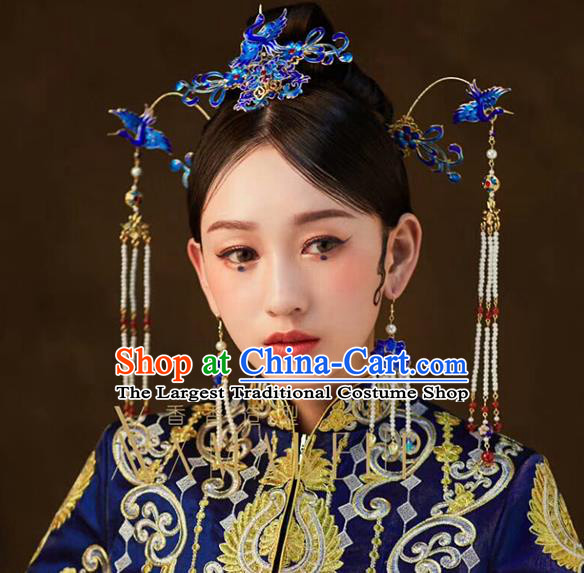 Traditional Chinese Cloisonne Crane Hair Crown Hairpins Headdress Ancient Wedding Hair Accessories for Women
