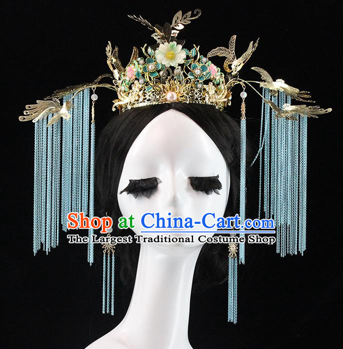 Traditional Chinese Wedding Deluxe Blue Tassel Phoenix Coronet Hairpins Headdress Ancient Hair Accessories for Women