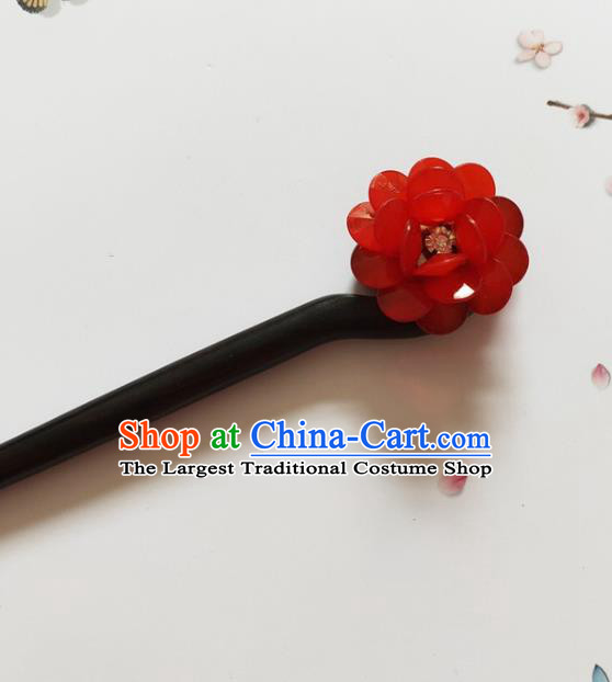 Traditional Chinese Red Peony Ebony Hairpin Headdress Ancient Court Hair Accessories for Women