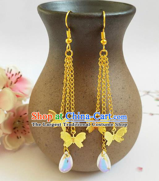 Traditional Chinese Handmade Water Drop Golden Butterfly Earrings Ancient Hanfu Ear Accessories for Women