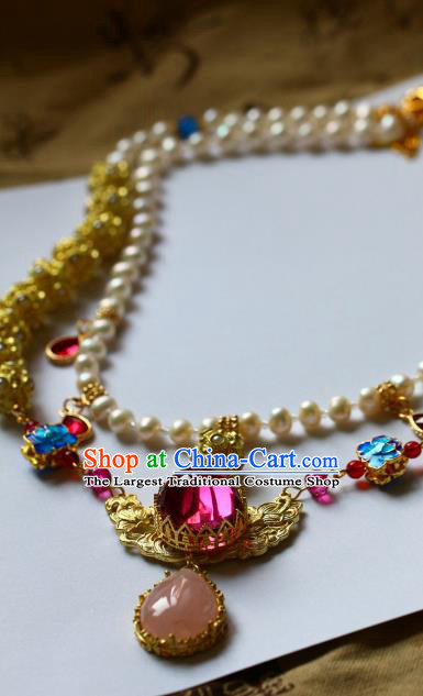 Traditional Chinese Handmade Blueing Lotus Necklace Ancient Hanfu Pearls Necklet Accessories for Women