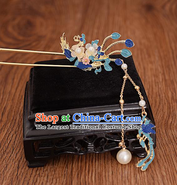 Traditional Chinese Handmade Blue Phoenix Tassel Hairpin Headdress Ancient Hanfu Hair Accessories for Women