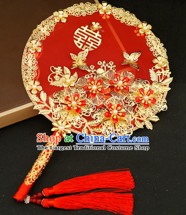 Traditional Chinese Classical Red Round Fans Ancient Hanfu Wedding Palace Fan for Women