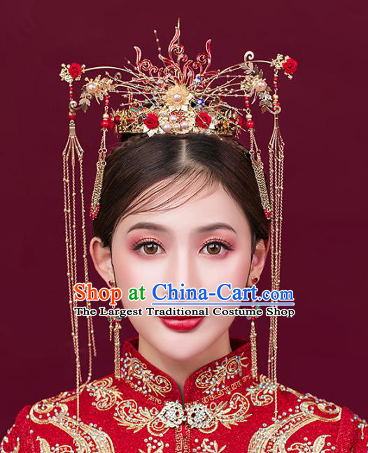 Traditional Chinese Bride Red Rose Hair Coronet Headdress Ancient Wedding Hair Accessories for Women