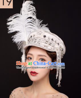 Traditional Chinese Stage Show White Feather Hat Headdress Handmade Catwalks Hair Accessories for Women