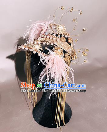 Traditional Chinese Stage Show Pink Feather Top Hat Headdress Handmade Catwalks Hair Accessories for Women