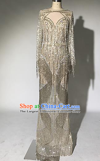 Top Grade Modern Dance Golden Paillette Tassel Full Dress Catwalks Compere Costume for Women