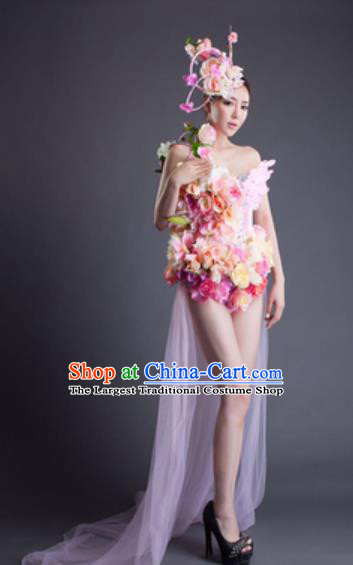Top Grade Modern Dance Pink Feather Flowers Dress Catwalks Compere Costume for Women