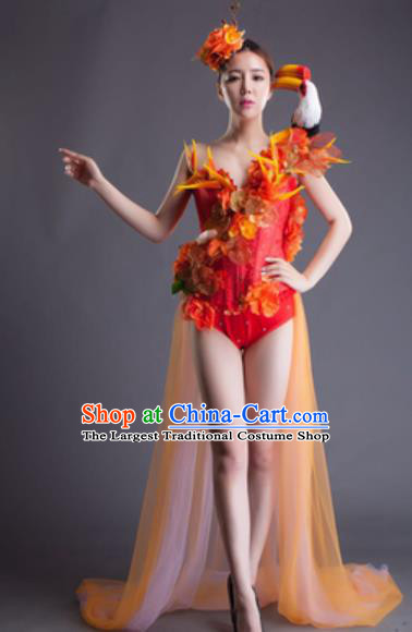 Top Grade Modern Dance Orange Feather Flowers Dress Catwalks Compere Costume for Women