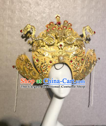 Traditional Chinese Court Stage Show Deluxe Golden Dragon Hat Headdress Handmade Catwalks Hair Accessories for Women