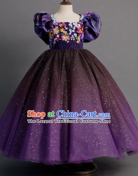 Top Children Princess Compere Purple Bubble Full Dress Catwalks Stage Show Dance Costume for Kids