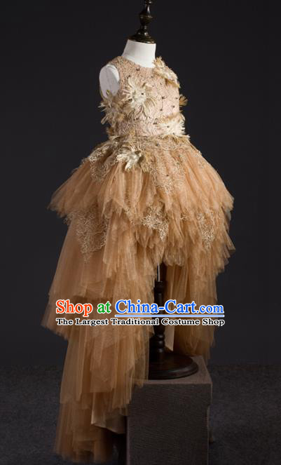 Top Children Modern Dance Light Brown Veil Short Dress Compere Catwalks Stage Show Costume for Kids
