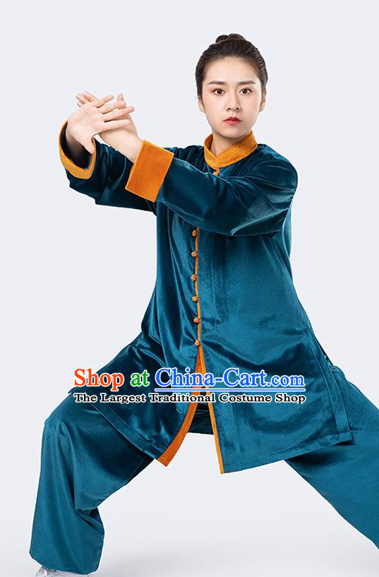 Traditional Chinese Tai Chi Peacock Blue Velvet Outfits Martial Arts Stage Performance Costumes for Women