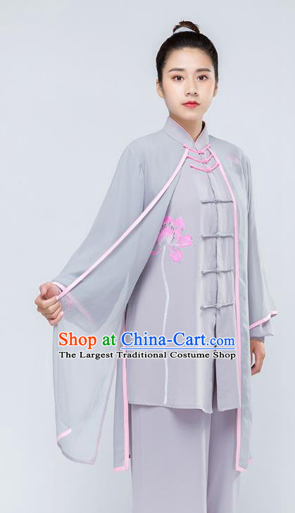 Traditional Chinese Tai Chi Competition Hand Painting Lotus Grey Outfits Martial Arts Stage Performance Costumes for Women