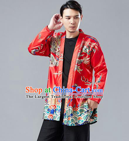Top Chinese Tang Suit Printing Dragon Red Cardigan Traditional Tai Chi Kung Fu Jacket Costume for Men
